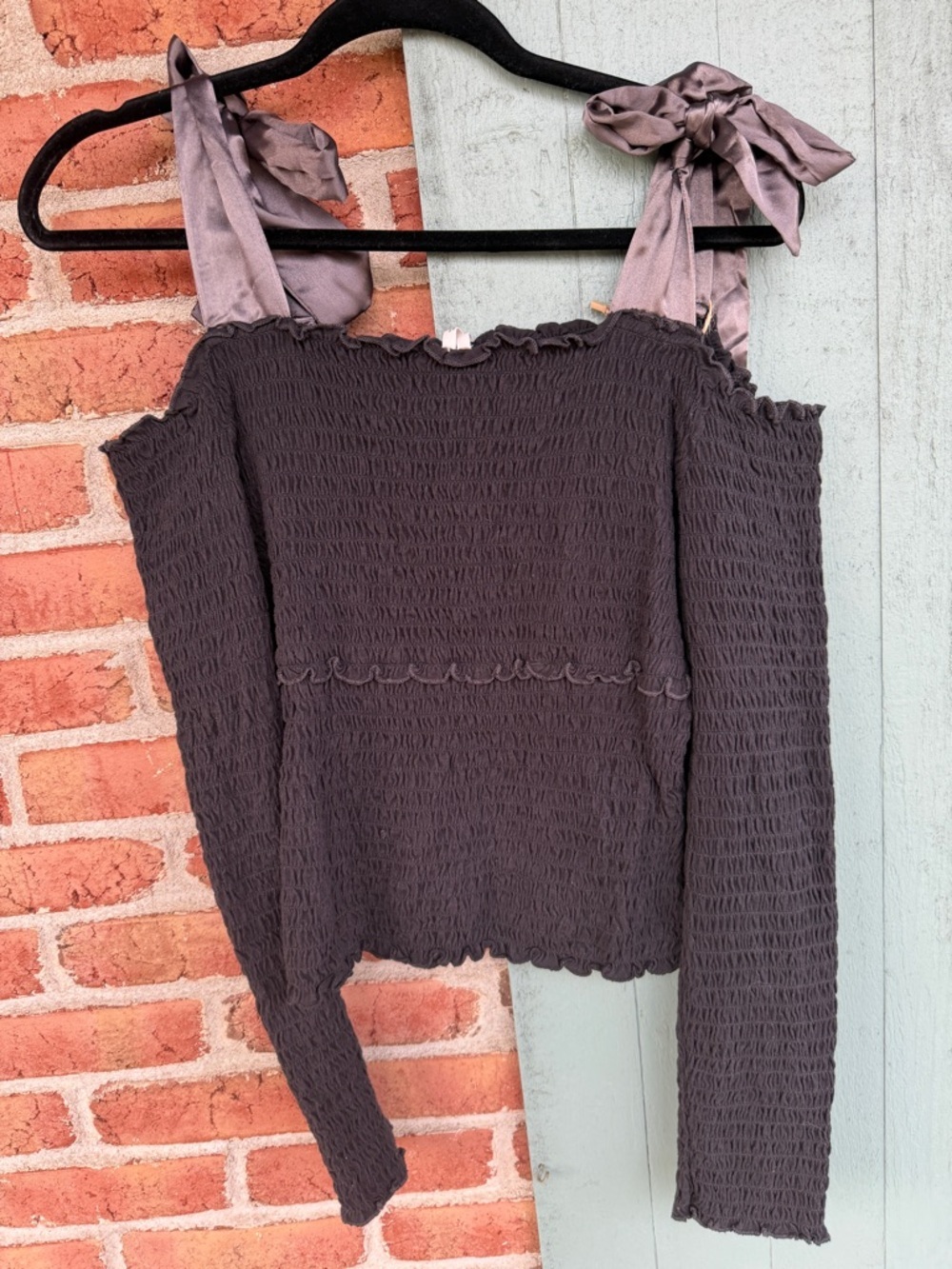 Anthropologie Charcoal 100% cotton Smocked Long Sleeve Top with Satin Ties